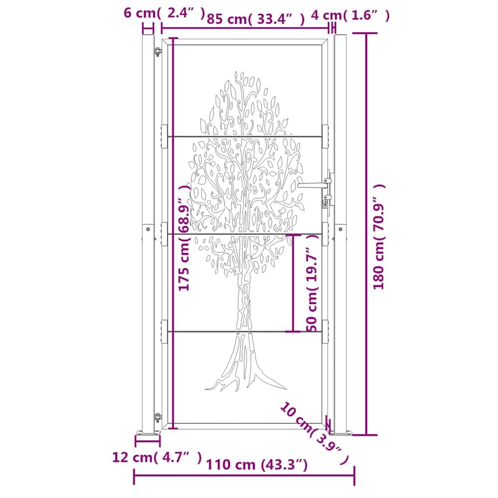 Puerta de jardín antracita 100x175 cm de acero con diseño de árbol