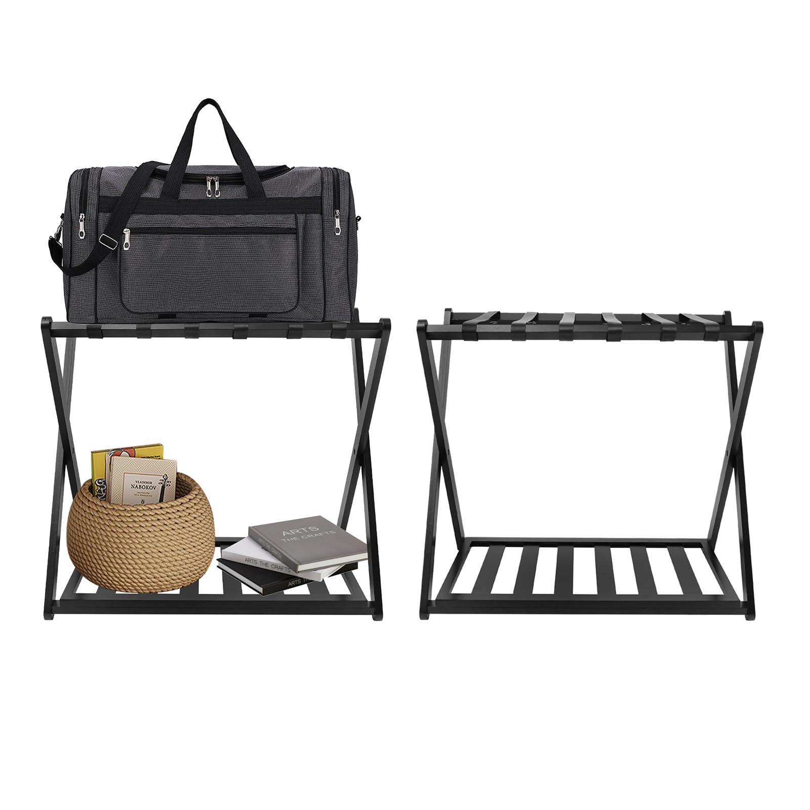 2-Pack Bamboo Luggage Rack, 2-Tier Foldable Suitcase Stand with Storage Shelf, Shoes & Bags Storage for Bedroom, Guest Room, Travel & Hotels, No Assembly Needed (Black)
