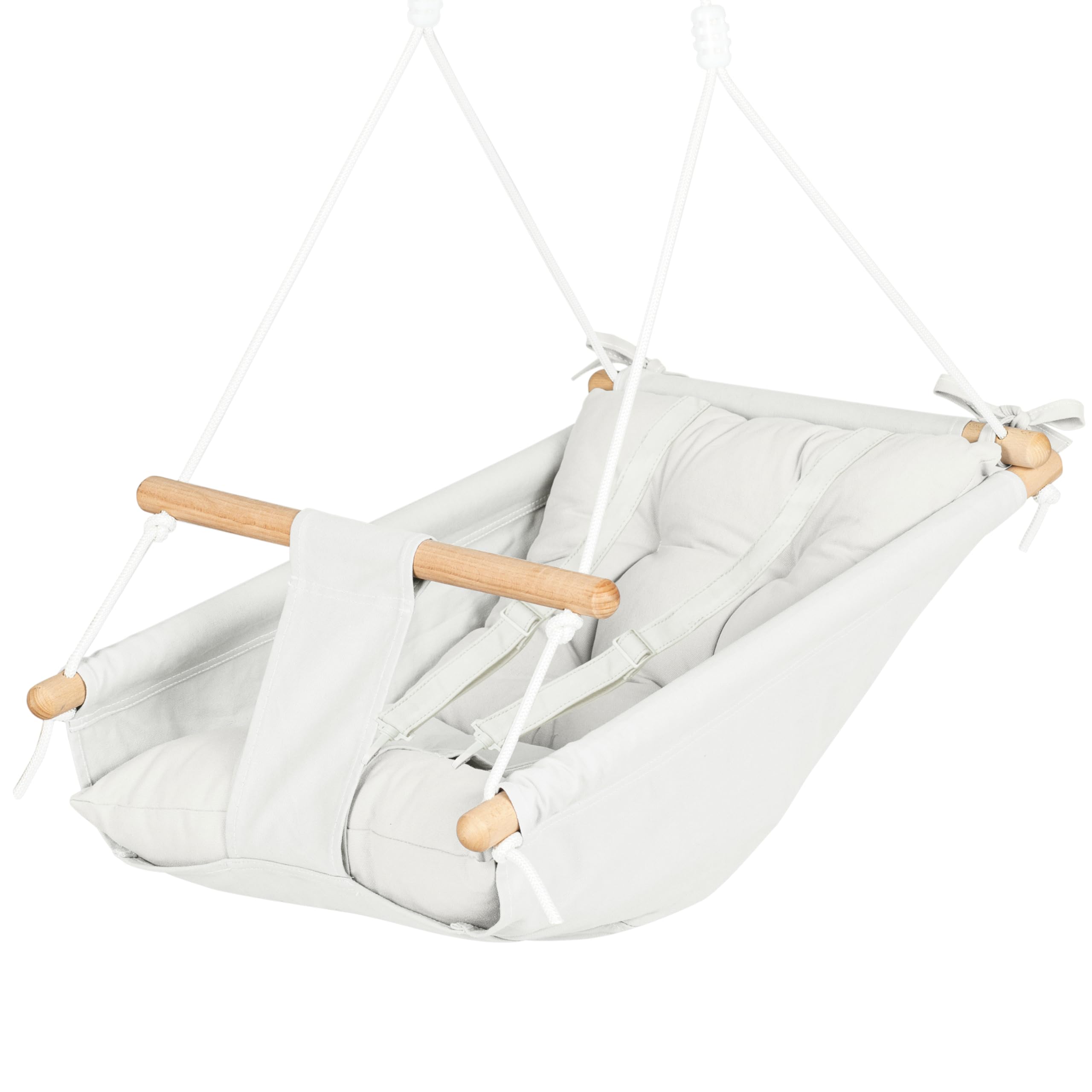 Leinwand Baby Hängematte Schaukel von Cateam - Hängende Schaukel aus Holz für Baby mit Sicherheitsgurt und Montageteilen. Baby Hängemattenstuhl Geburtstagsgeschenk (Milchig)
