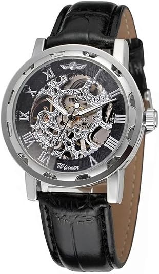 Men's Fashion Mechanical Wristwatch Transparent Dial with Skeleton Design Leather Band Automatic Manual-Winding Watch