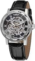 Relógio de pulso mecânico masculino moderno com mostrador transparente com design de esqueleto, pulseira de couro, relógio automático de corda manual