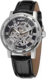 Relógio de pulso mecânico masculino moderno com mostrador transparente com design de esqueleto, pulseira de couro, relógio automático de corda manual