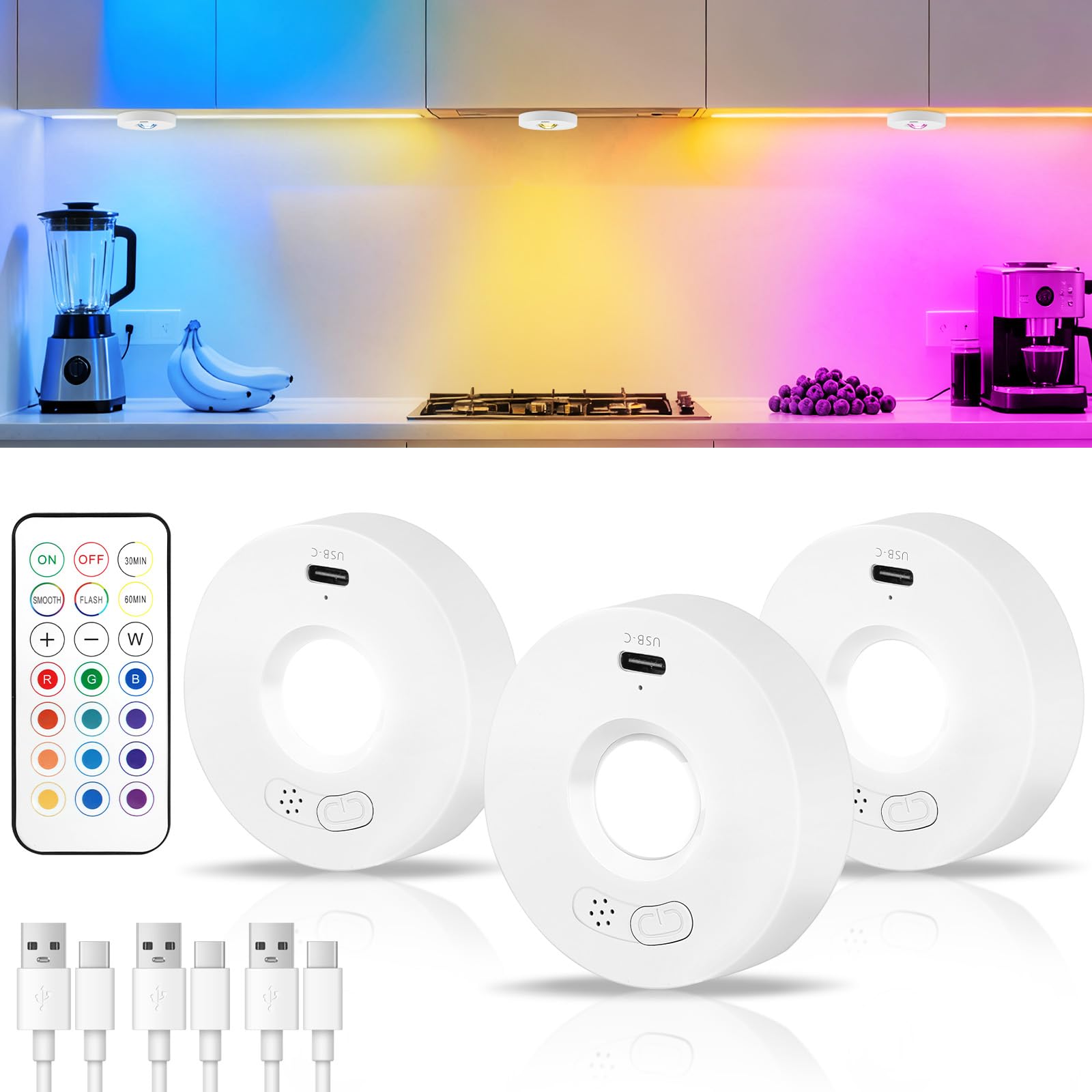 HOTUT Under Cabinet Kitchen Lights Rechargeable,RGB Rechargeable Puck Lights with Remote,Timer Function,Stick On Wireless Under Cabinet Kitchen Light,for Cupboards,Counter,Cabinets and Closet
