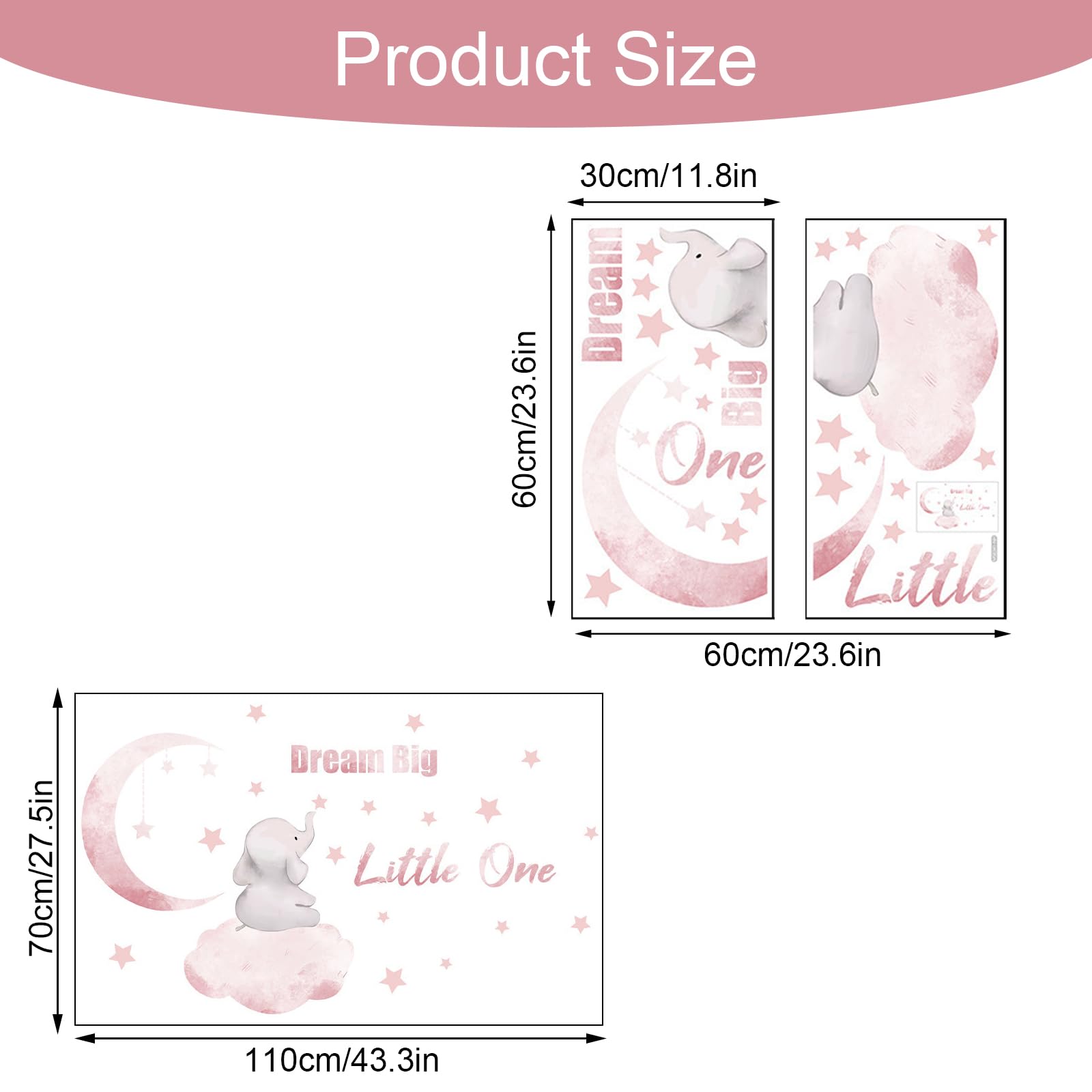 1 Roll Dream Big Little One Elephant Wallpaper Baby Wall Stickers with Stars and Moon Elephant Wall Art for Bedroom Playroom Living Room Baby Room Nursery Decoration - Image 2