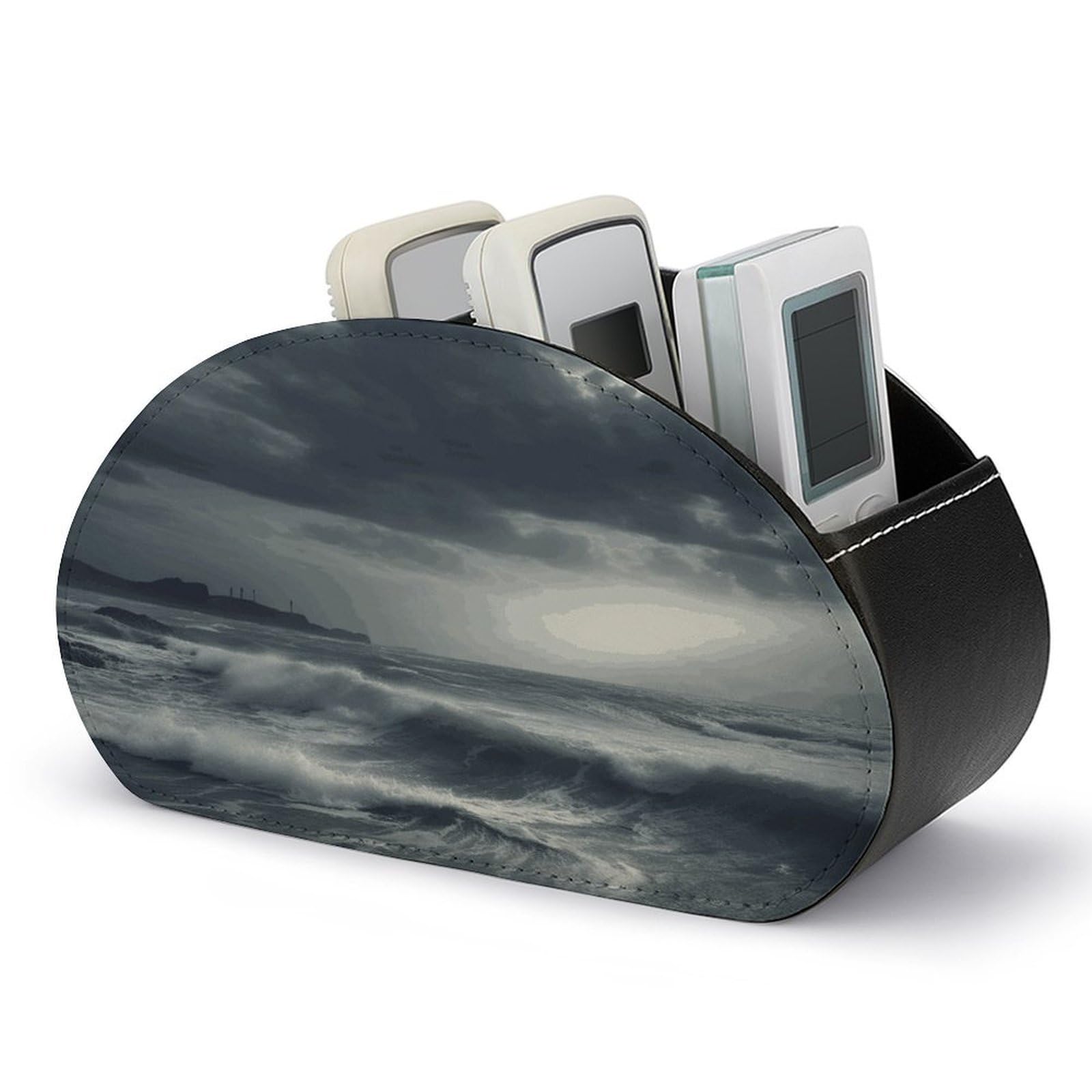 FekiLoot Stormy Sea Remote Control Holder, PU Leather Remote Control Organizer Box Stationery Remote Control Box Desk Storage Organizer for DVDs,Glasses,Pens,Media Players