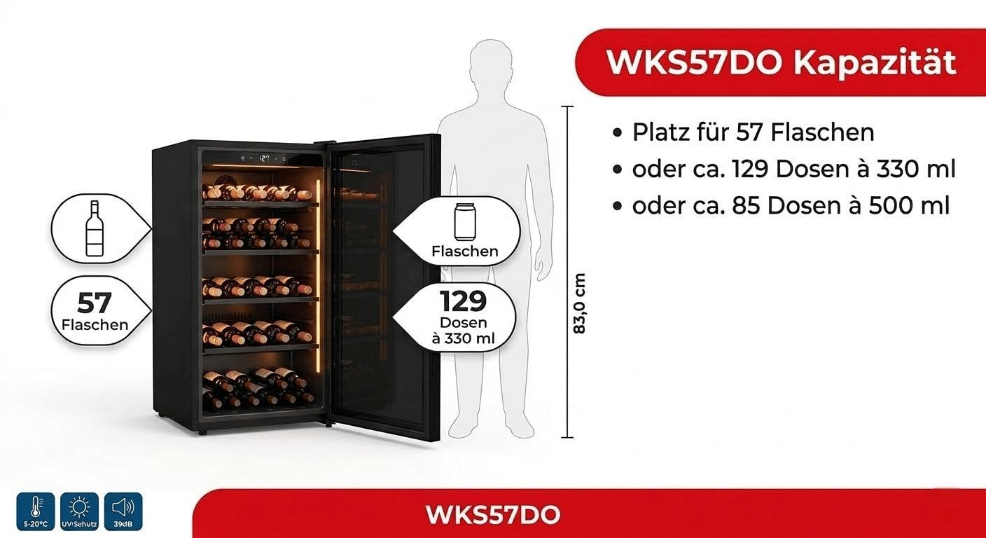 PKM Weinkühlschrank WKS57DO, für 57 Flaschen, 124 L Nutzinhalt