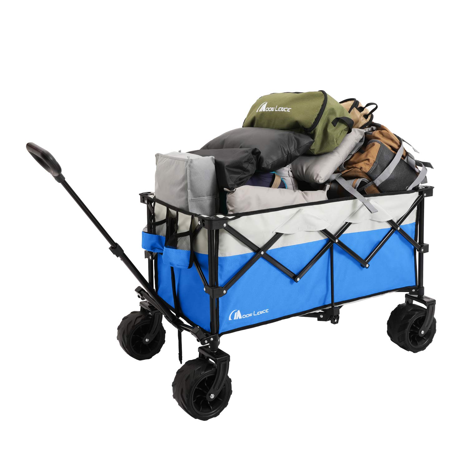 Moon Lence Collapsible Outdoor Utility Wagon Heavy Duty Folding Garden Portable Hand Cart with All-Terrain Beach Wheels, Adjustable Handle & Drink Holders