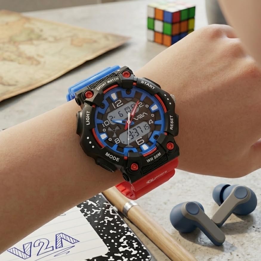 Image of V2A Nova Pro 43mm Analog Digital Sports Watch for Boys (8-14 Years) | Bolt Guard Sport Design | Alarm Stopwatch Backlight Day Date | TPU Strap | 50M Water Resistant| Gift for Boy
