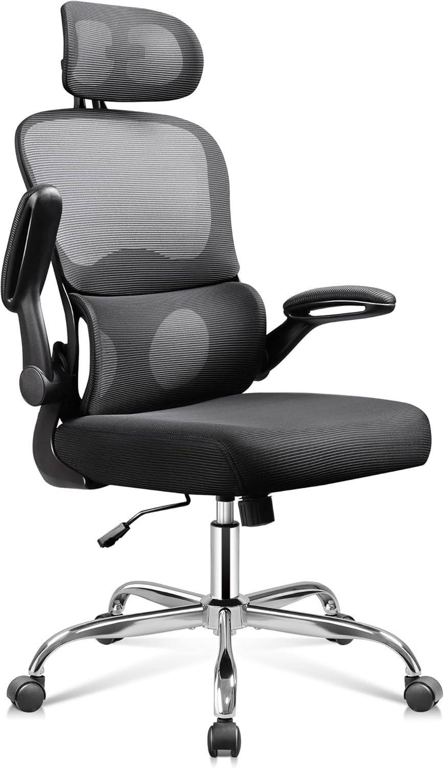DEVAISE Ergonomic Mesh Desk Chair Separated-Adjustable Lumbar Support Large Cushion Flip-up Armrests 90-125 Rocking Tilt for Home Office