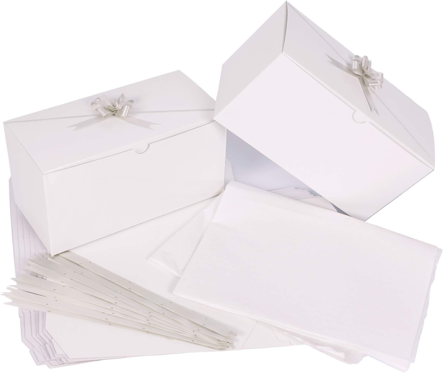 MyPresentForYou Set of 10 White Gift Boxes (9x4.5x4.5") + 10 Pull Bows + Tissue Paper. Perfect to Wrap Presents. Ideal for Baby Clothes, Bathing Products, Cupcakes, Cookies and other Gifts.