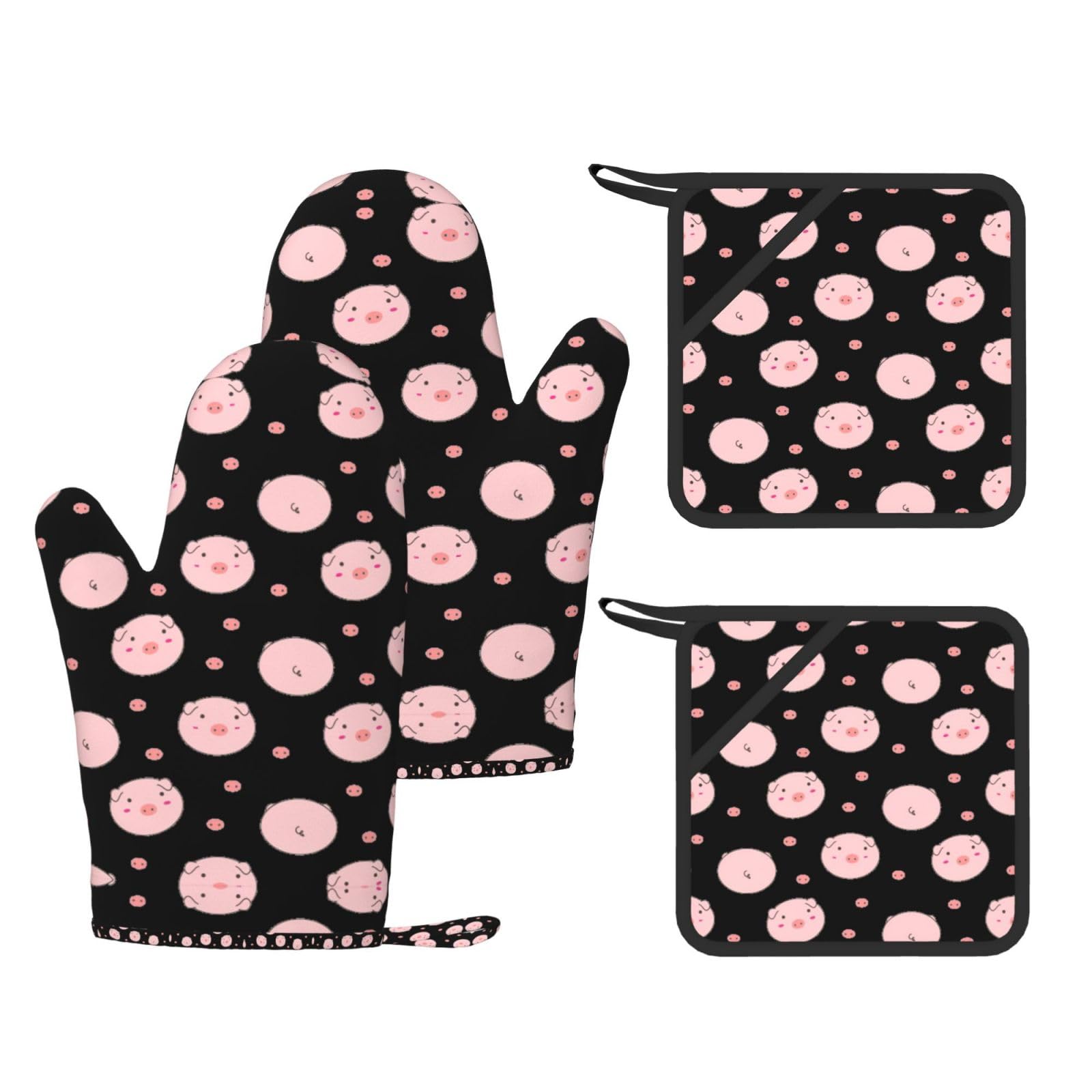 Powder pig Printed Pot Holders and Oven Mitts 4-Piece, Non-Slip Kitchen Gloves with Utensil Pocket for BBQ