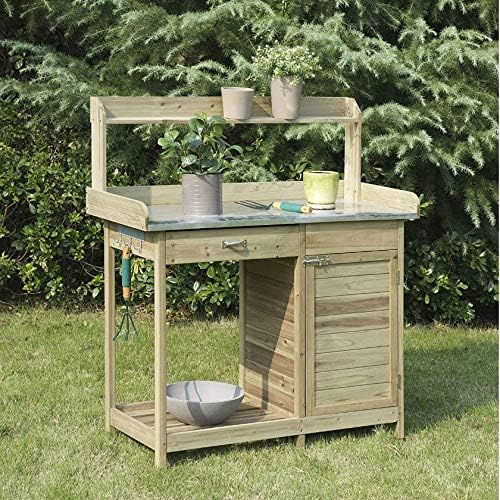 StarSun Depot Natural Fir Wood Potting Bench with Galvanized Steel Table Top