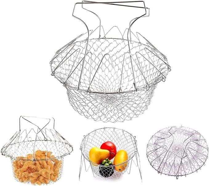 Stainless Steel Chef Fry Basket: Foldable Multi-Function Deep Fry Basket, Perfect for Frying, Steaming, Straining, Washing Fruits, Vegetables, and More!