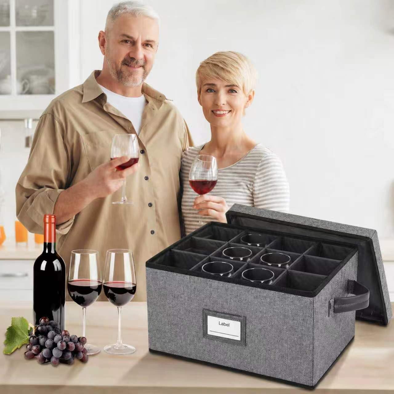 Lukeline 2 Pack Stemware Storage Container, Stackable Wine Glass Storage Box with Dividers and Handles, Holds 24 Wine Glasses, Sturdy Glassware Storage Containers for Moving