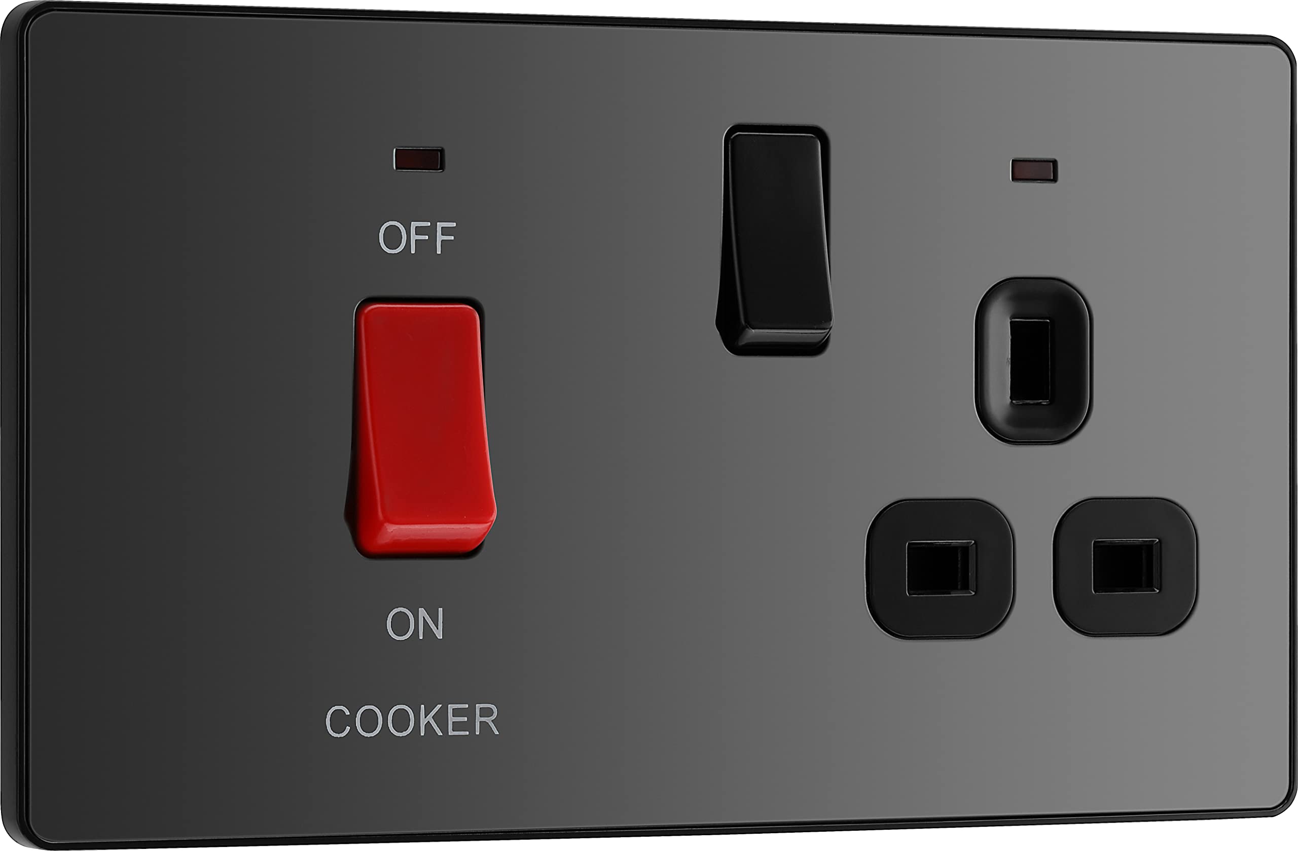 British General Black Chrome Bg Electrical Cooker Switch With Socket And Led, Cooker Control Unit, Control Socket, Double Pole, Screwless Front Plate, Evolve, 45A, Pcdbc70b