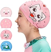 Vista 9 de COPOZZ Gorros de natación para niños, de silicona, impermeable, cómodo, gorro de natación para cabello largo y corto