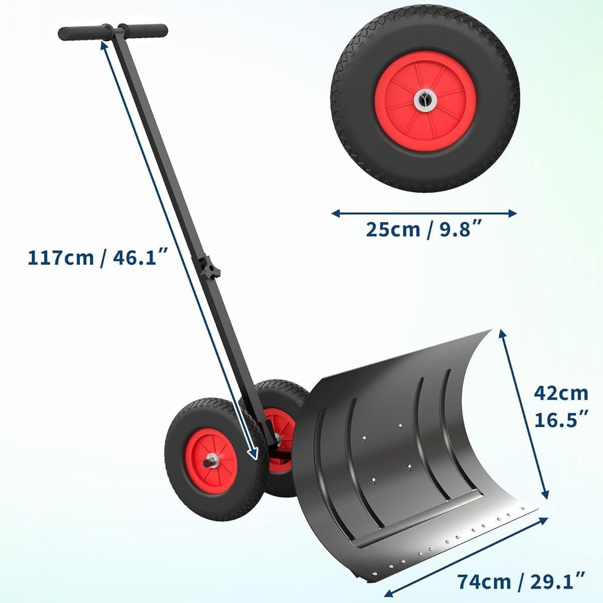 Pala de nieve rodante resistente con ruedas, empujador de nieve manual de metal con mango ajustable, diseño plegable para limpiar entradas y áreas grandes