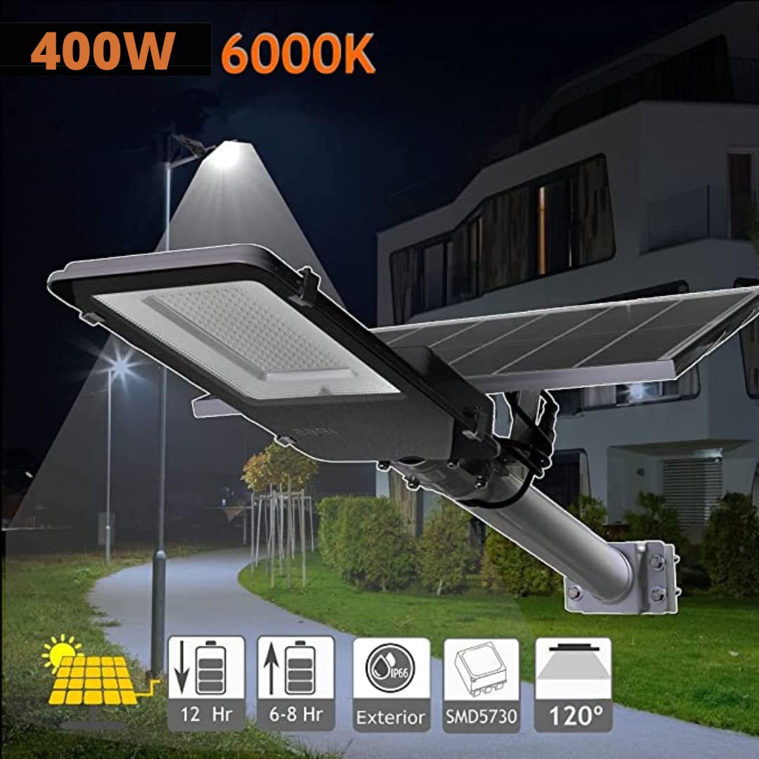 Generico Lampione Solare esterno 400W con Pannello fotovoltaico, LED 6500K Bianco Freddo, con 40000mAh