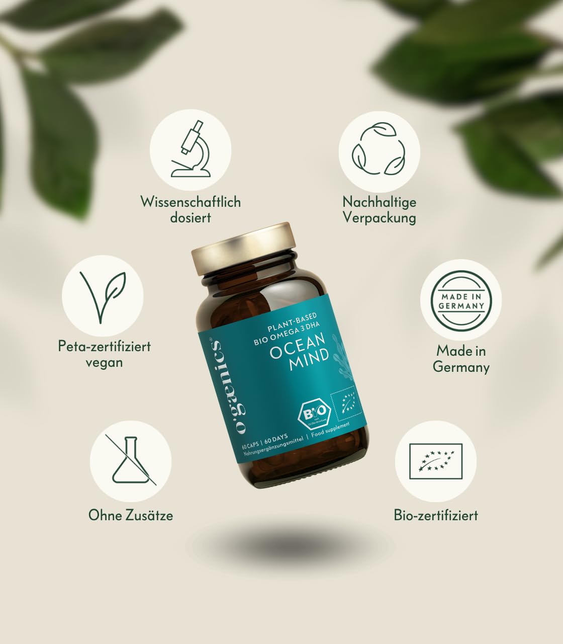 Ogaenics OCEAN MIND Bio Omega 3 DHA Kapseln aus Algen – 250 mg DHA pro Kapsel – veganes Algenöl als Alternative zu Fischöl – für Gehirn, Sehkraft, Schwangerschaft und Stillzeit - 60 Kapseln
