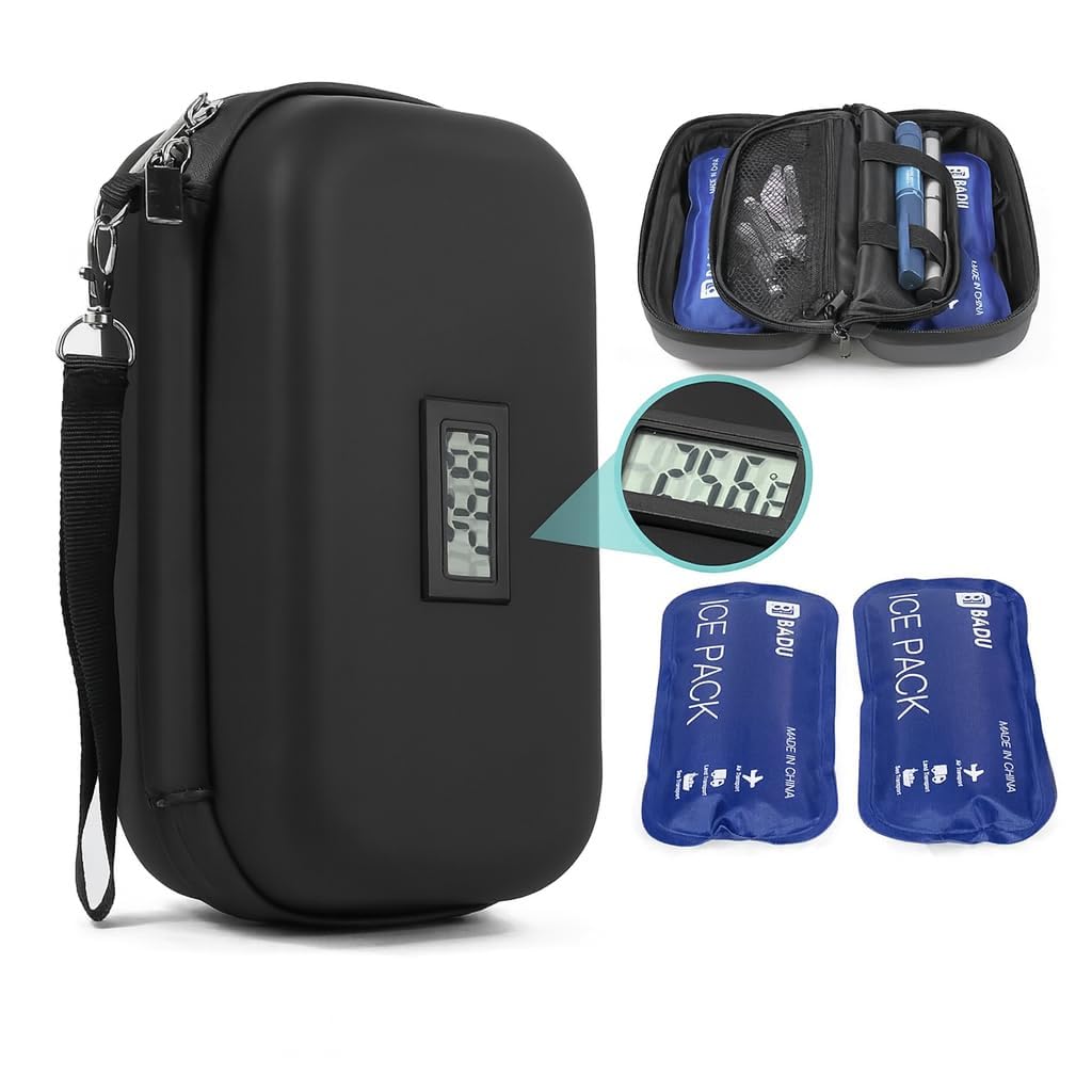 suzamed Diabetic Medicine Organizer with Temperature Display, Large Insulin Storage Case with 2 Reusable Cooling Ice Packs for Travel & Daily Use (Black with Temperature)
