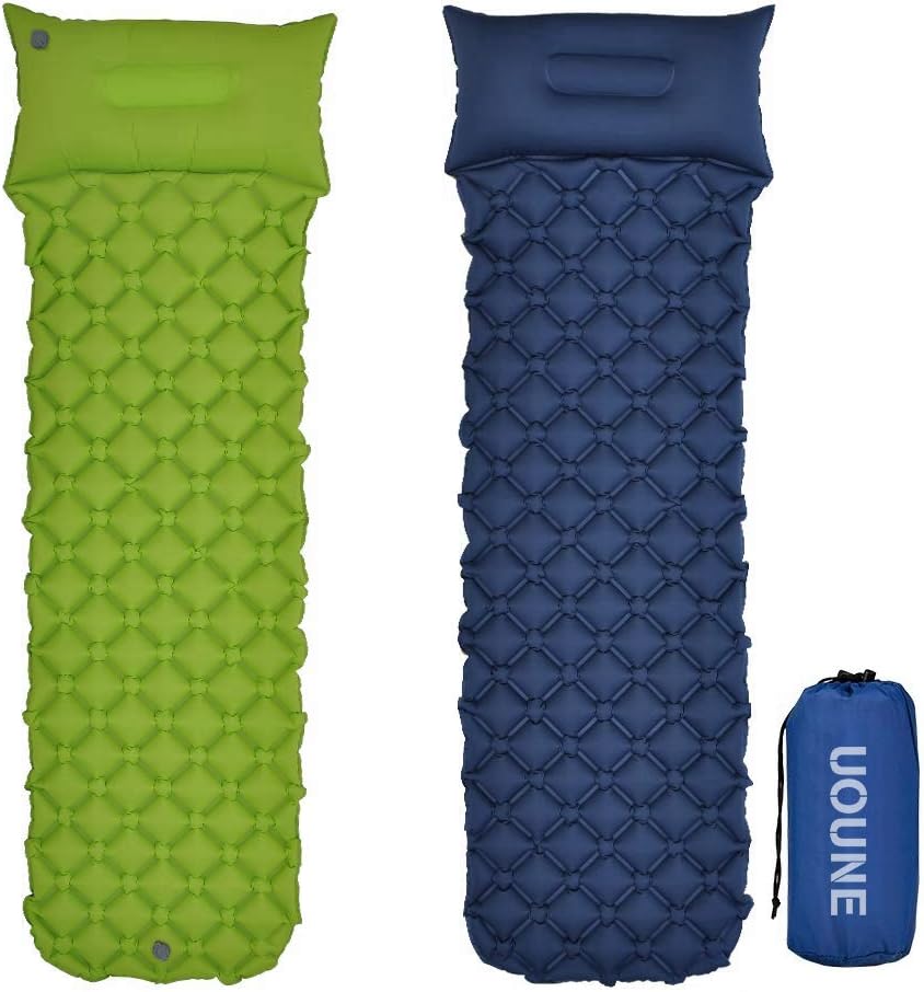 UOUNE Ultralight Sleeping Mat with Pillow Inflatable Air Camping Pad - Waterproof and Moistureproof - Compact and Portable Mattress for Outdoor, Sport, Hiking, Backpacking, Traveling (Blue-Green)