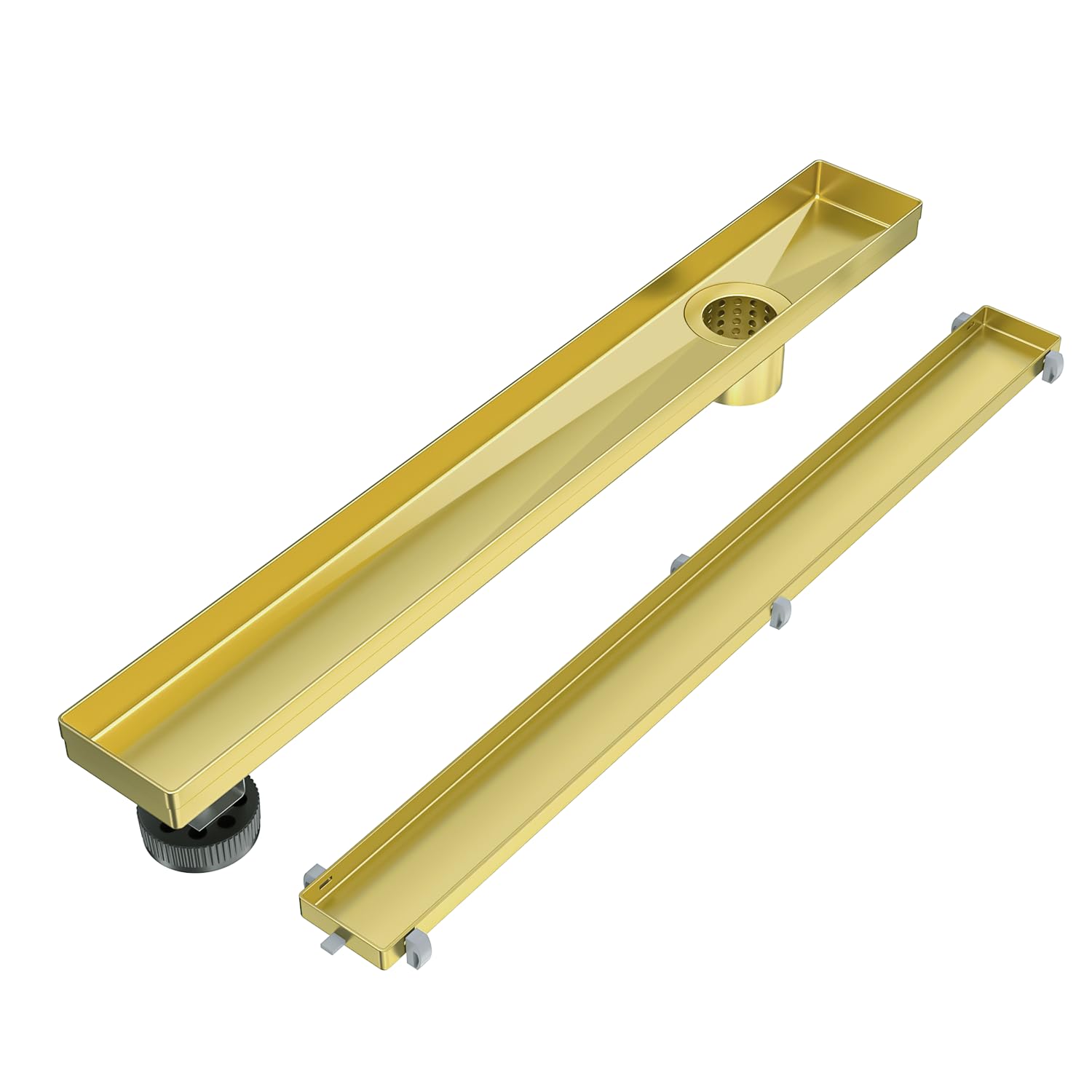 EXF Offset Linear Shower Drain 18 Inch Brushed Gold with Reversible Tile in Cover, Stainless Steel Rectangle Shower Floor Drain with Hair Catcher, Adjustable Feet
