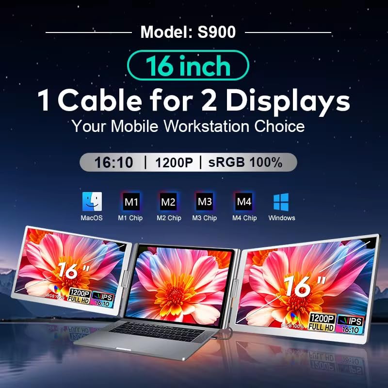 Image of TUTT 16 inch Dual Screen Portable Monitor for Laptop 12 inch-18.5 inch- 16:10 Ratio IPS, Single USB-C Cable, Stand-Alone Design | S900-P