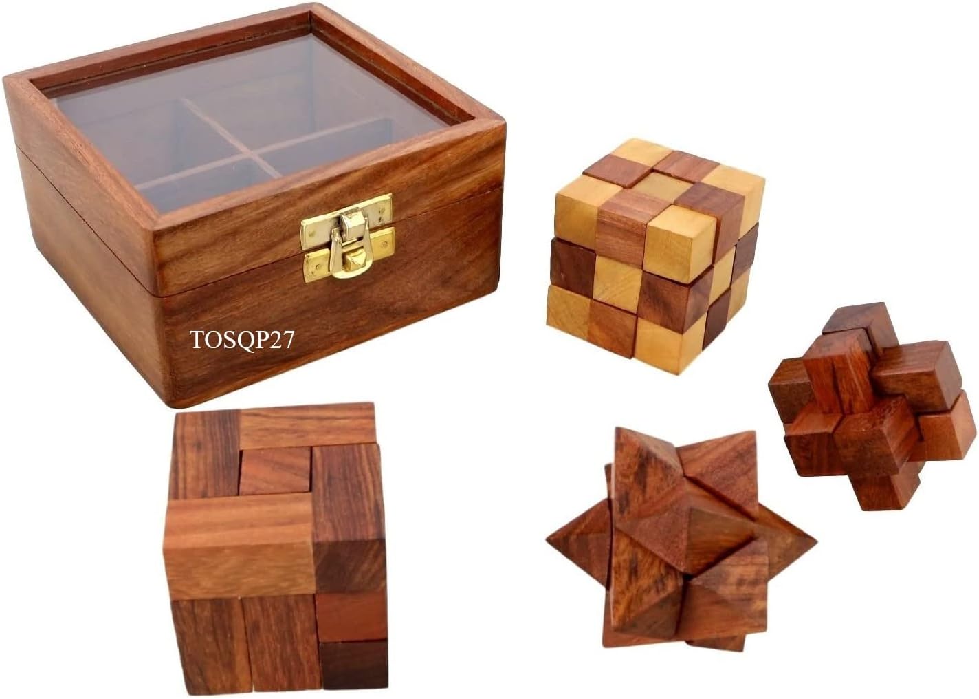 Gifts 4-in-One Brainteaser Puzzle Games Set - Unique Artisan 3D Logic Puzzles for Teens and Adults - Wood Interlocking Blocks- Diagonal Burr-Soma Cube and Snake Cube with Storage Box Wooden