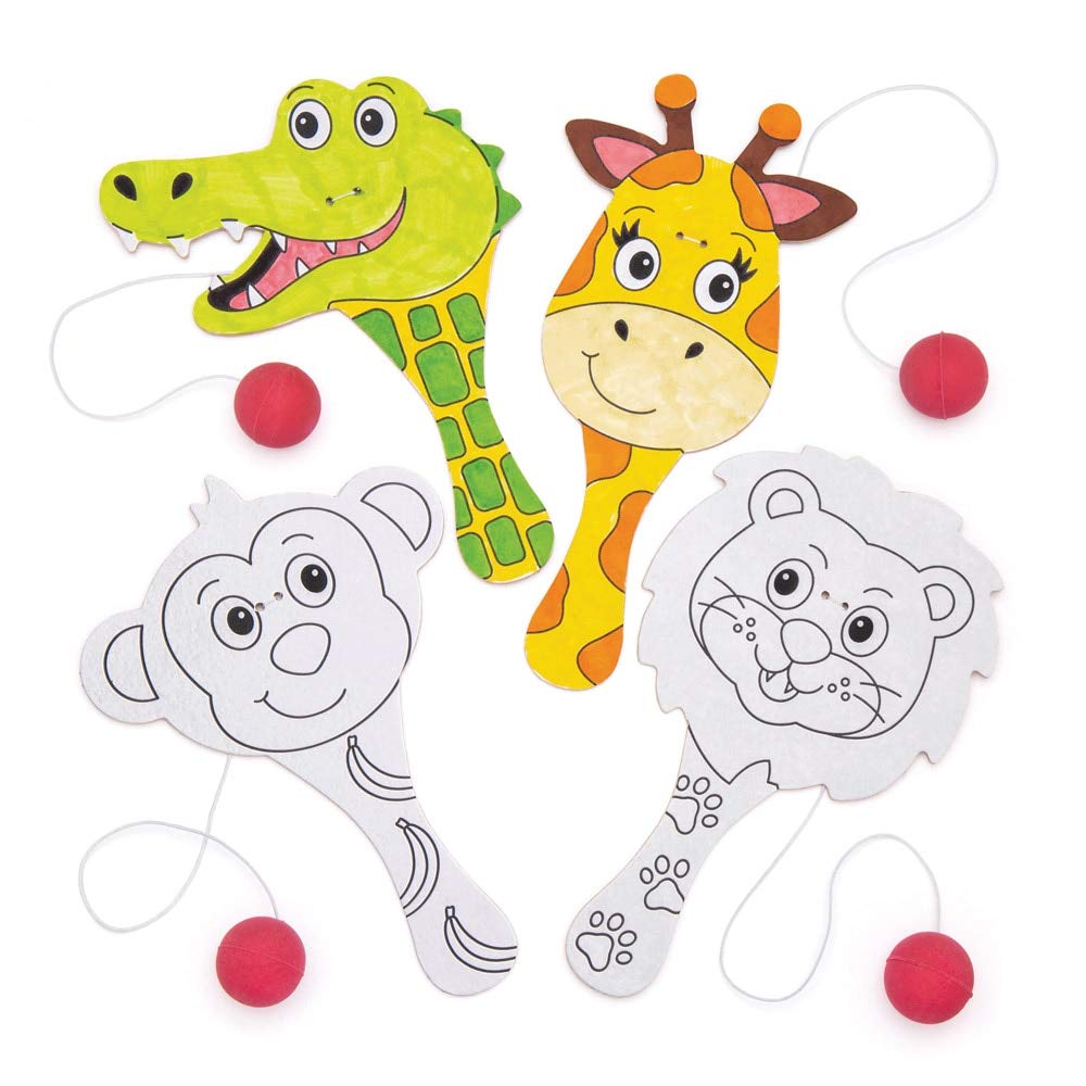 Baker Ross Mini Colour In Jungle Animal Paddle Bat and Ball, Elasticated Bat and Ball for Kids to Personalise, Decorate and Play with for Arts and Crafts (Pack of 5)