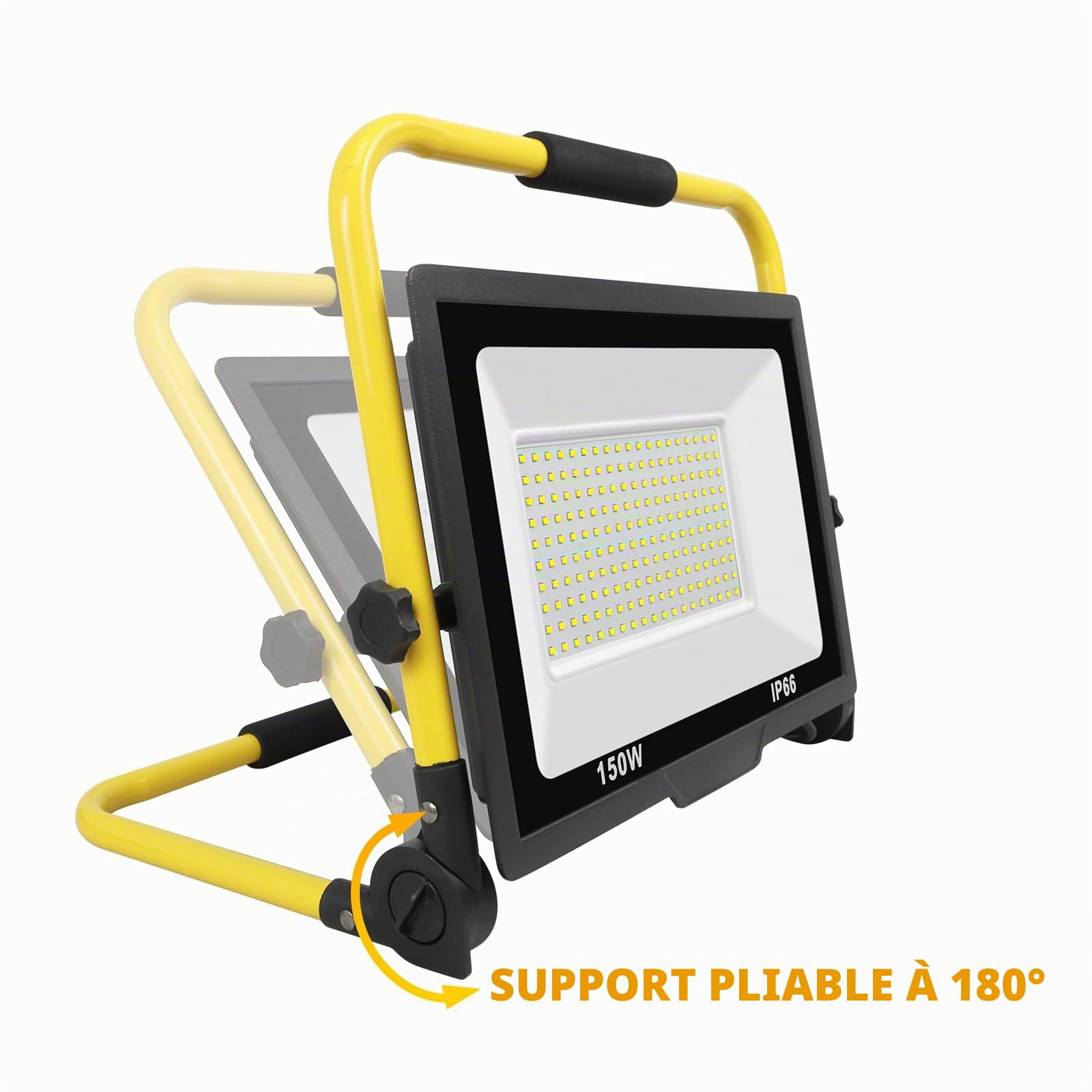 SKYWORLD 150W Projecteur de Chantier LED, 15000LM Lampe Chantier avec Prise | Pliable Portable Projecteur Led, Phare de Travail Led pour Travaux Atelier Garage Terrasse Jardin, Etanche IP66 6000K Blanc