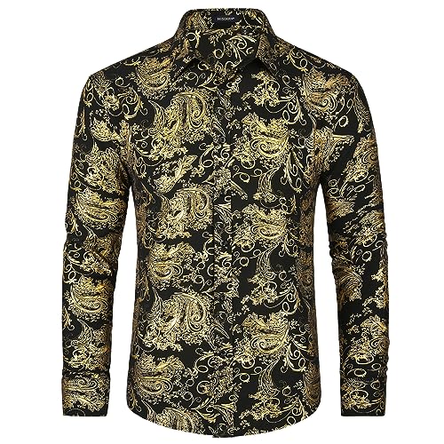 HISDERN Men's Satin Shirts Long Sleeve Gold Feather Print Shiny Shirt Casual Fashion Luxury Floral Shirts Gold Black M