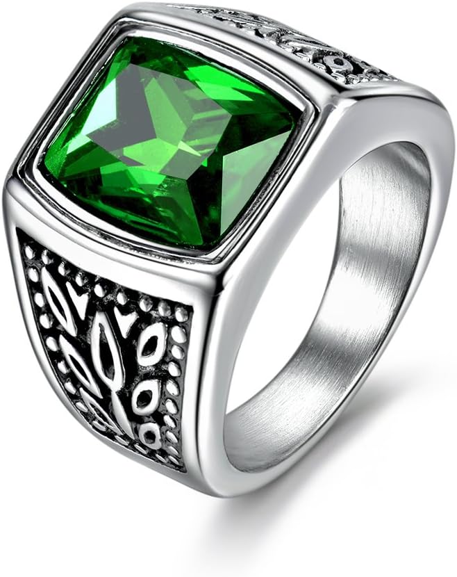 MASOP Jewelry Men's Stainless Steel Wide Identify Ring Green Emerald Color Square Stone