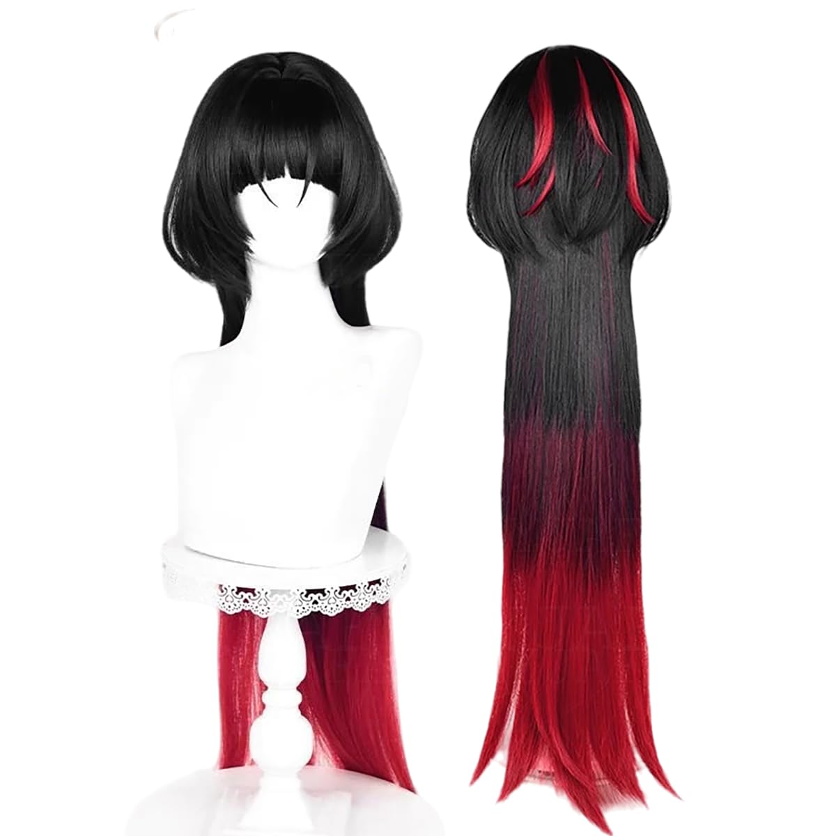 PWEINCY for Adult Wig Black Red Long Straight Synthetic Hair Women Roleplay Halloween Party