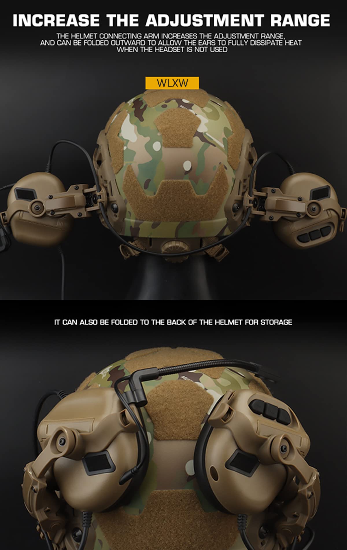 WLXW Auriculares Tácticos para Airsoft (Montados En La Cabeza Y Montados En El Casco), Orejeras Tácticas Aire Libre (Sin Reducción Ruido), con Brazo Adaptador Riel ARC para Casco