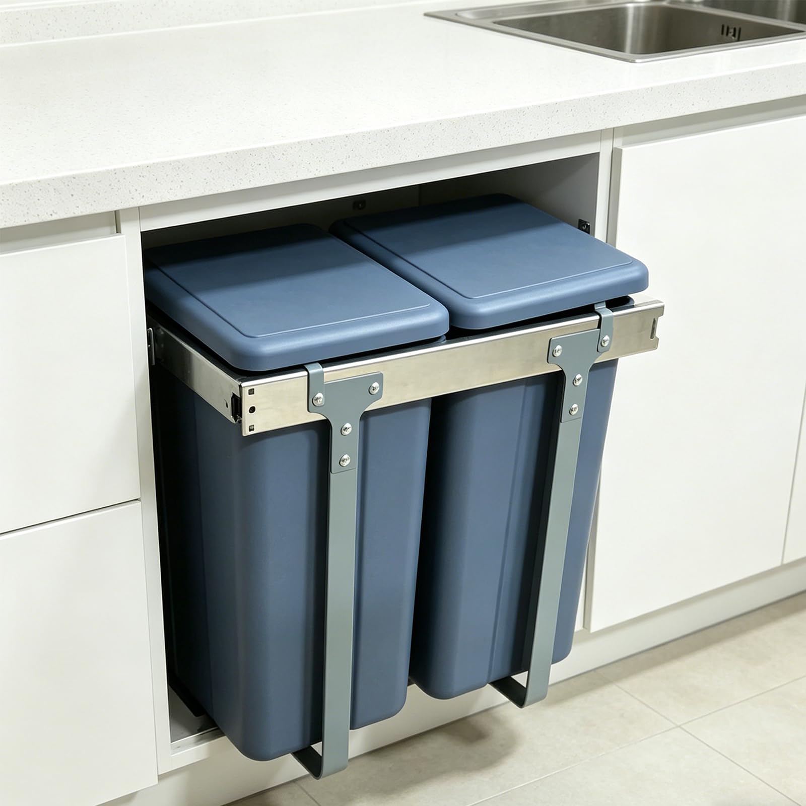 MOOTACO Kitchen Pull Out Bin, 15L x 2 Double Compartment Recycling Bins with Sliding Buffer, Removable Waste Bins for Cabinets 30 cm or Wider