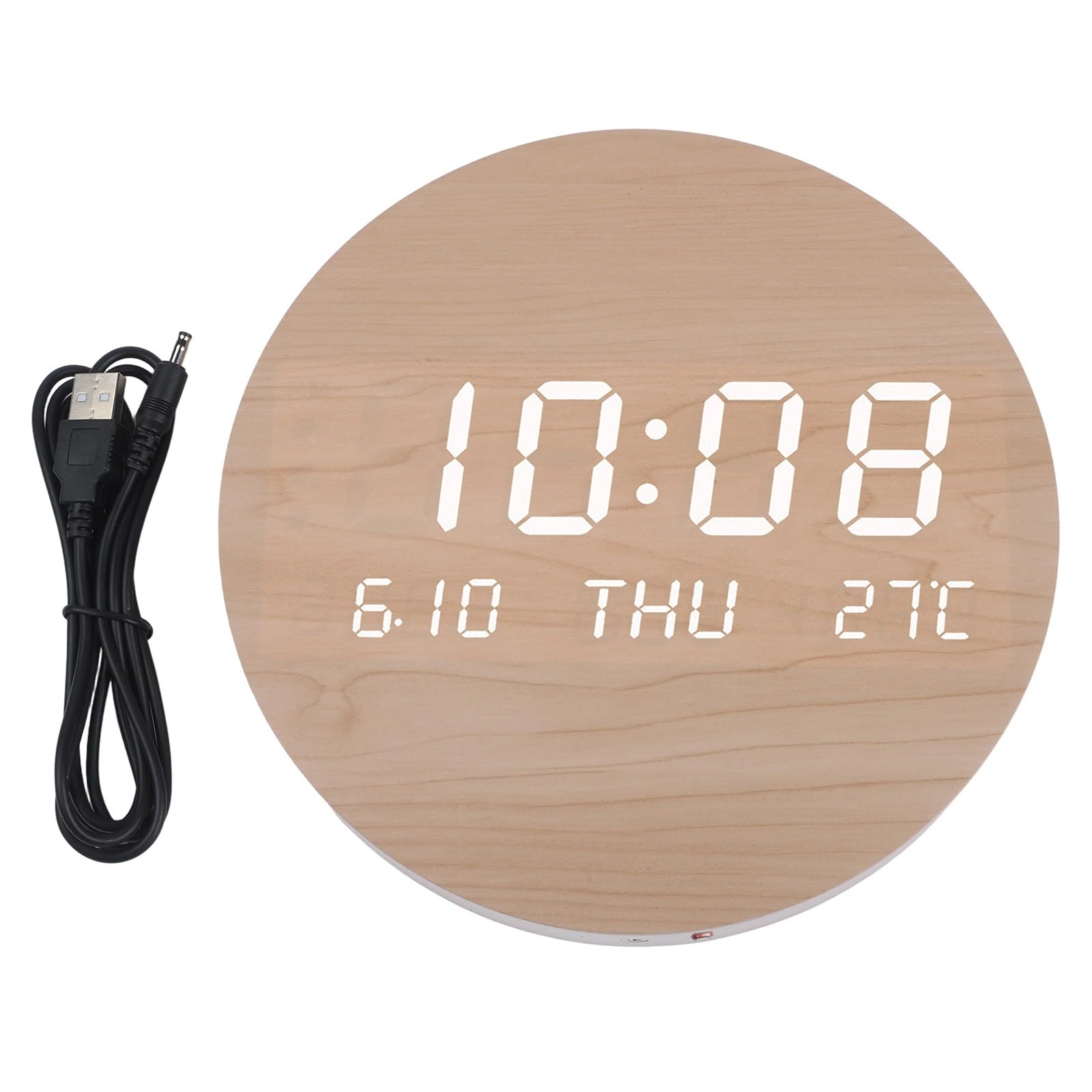 Reloj de pared digital de pantalla grande, silencioso, sin tictac, muestra la hora, fecha, semana, temperatura, acabado de grano de madera, alimentado por USB para dormitorio