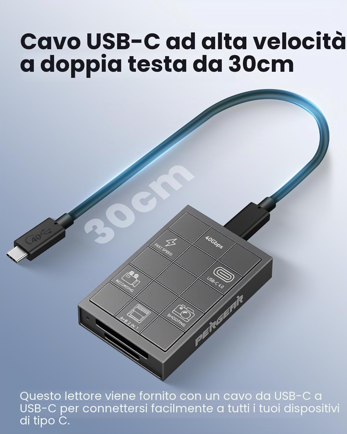 PERGEAR Lettore di schede professionale CFexpress 4.0 tipo A, USB tipo C 40 Gbps tipo C su CFexpress tipo A+B 2 in 1, trasmissione ad alta velocità per Windows/Mac/Linux/Android/iPad