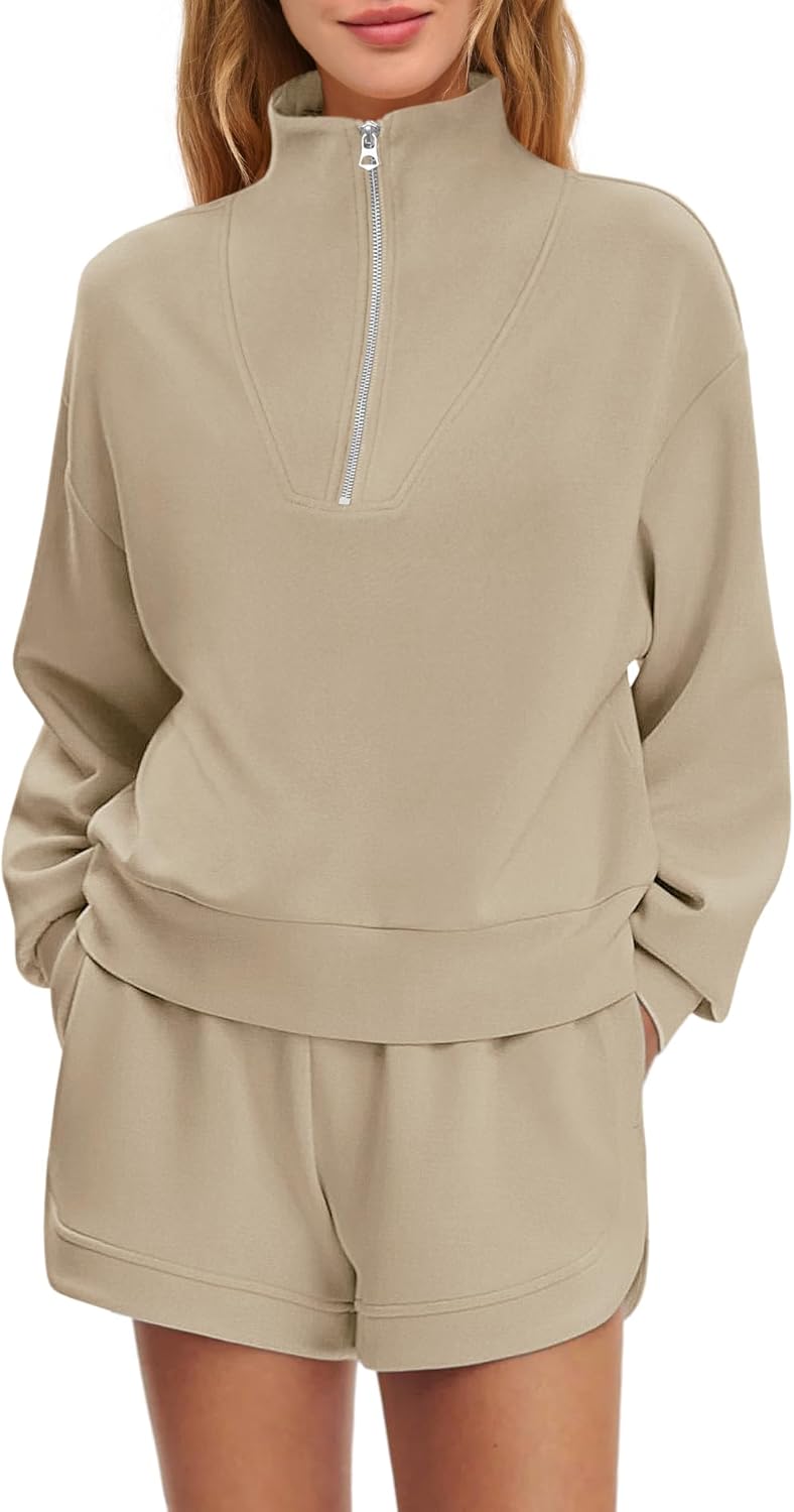 Panadila Womens Oversized Sweat Set 2 Piece Sweatsuits Airport Travel Lounge Set Long Sleeve Half Zip Top and Shorts - Image 2