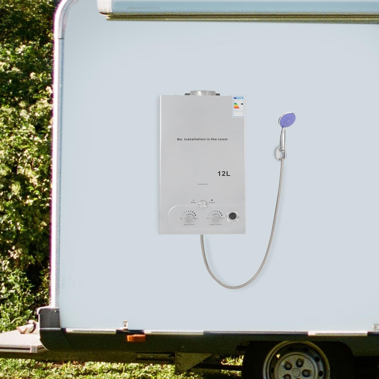 LPG Durchlauferhitzer, 8/12/16L Kapazität – Sofortige Warmwasser mit Duschkopf & Schlauch – Mobiler Gaswasserheizer für Camping, Wohnwagen und Garten – Hohe Effizienz (≥80.8%), Einfache Montage (12L)