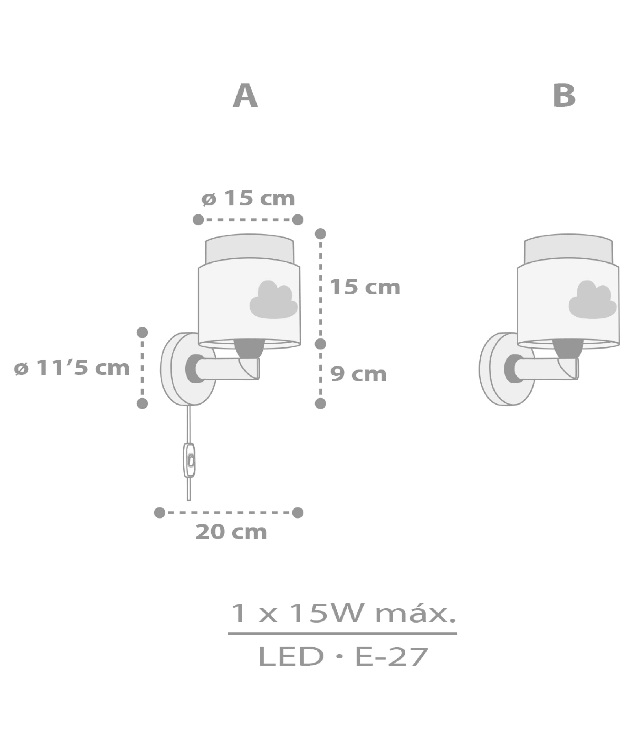 Dalber Lámpara Aplique Pared Infantil Baby Dreams Nube Gris 76019E E27 | Lámpara aplique de pared con instalación directa a la corriente o mediante cable con interruptor incluido.