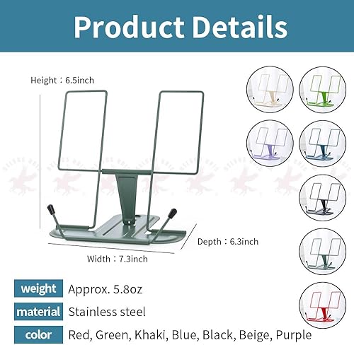 Miniatura 9 de BELSUS URIS - Soporte para libros de metal, ligero, soporte para libros de escritorio, para leer manos libres con clips de página, ajustable,