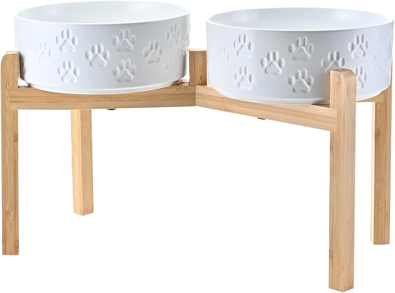 Comedouro elevado para cães em cerâmica com suporte de bambu antiderrapante SPUNKYJUNKY 1,77 L Paw White