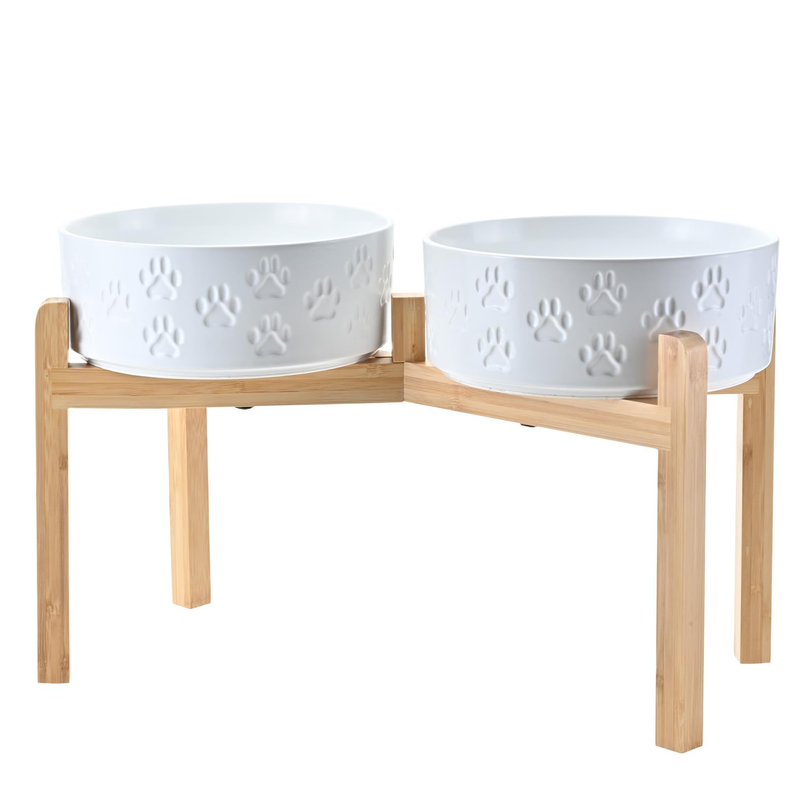 SPUNKYJUNKY Elevated Dog Bowls Ceramic, 8.3'' Dogs Food Water Bowls Raised with Non-Slip Bamboo Stand for Large Sized Breed Microwave Dishwasher Safe - 60 OZ,Paw White — image 1