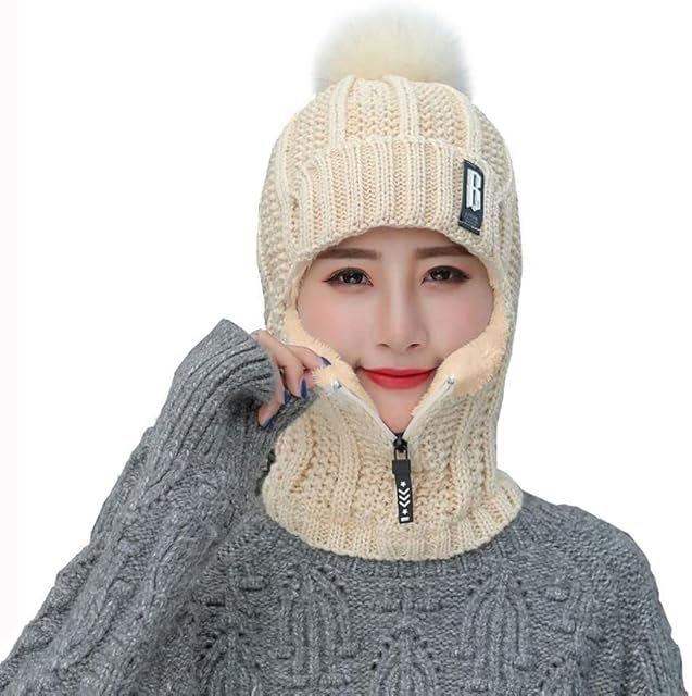 Ladies Winter Siamese Windproof Hat, Women Beanies Knitted Balaclava Hat, All in One Winter Hat with Face Mask for Ski/Cycling/Mountaineering/Camping