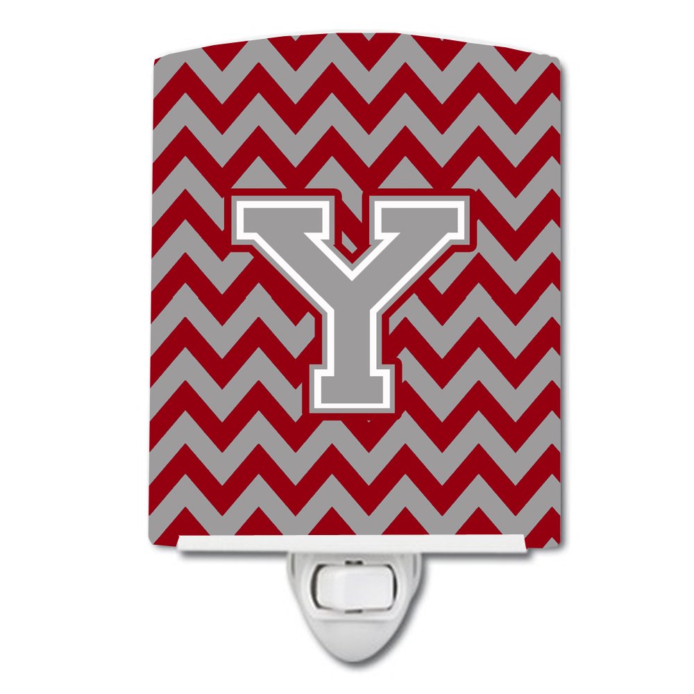 Caroline's Treasures CJ1043-YCNL Letter Y Chevron Crimson and Grey Ceramic Night Light Compact, UL-Certified, Ideal for Bedroom, Bathroom, Nursery, Hallway, Kitchen, 6x4x3, Multicolor