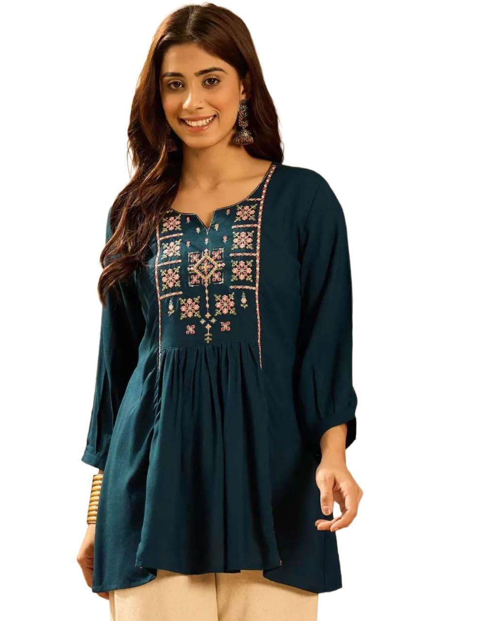 RR Enterprises Women’s Rayon 3/4 Sleeve Round Neck Printed Embroidery Short Kurti Stylish Ethnic & Casual Wear Top for Office Prefer for College & Daily Use-picture-24