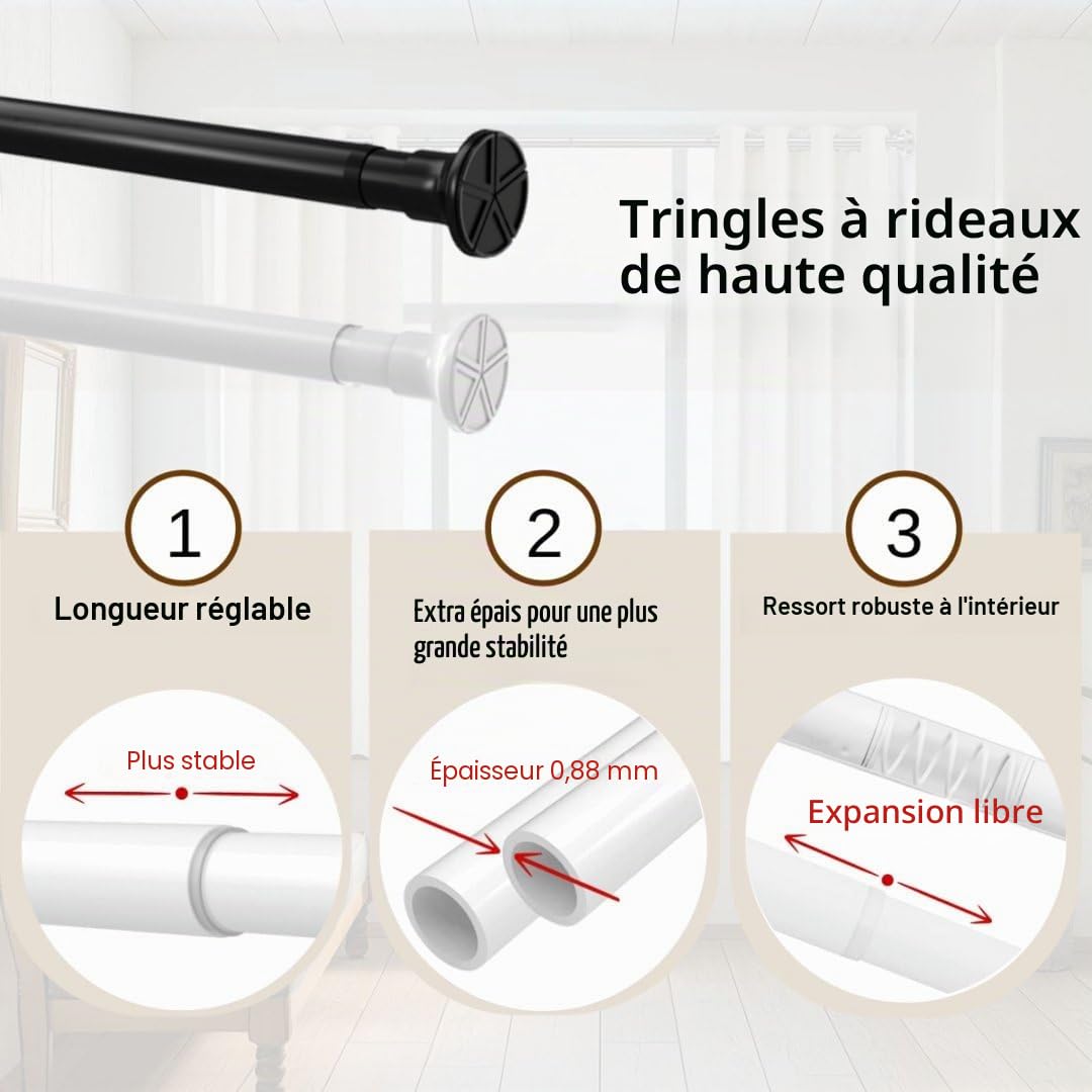 Venwemong Tringle de douche extensible sans perçage à tension pour vêtements - Tringle télescopique pour rideau de douche, cuisine, placard - Noir, 185-360 cm