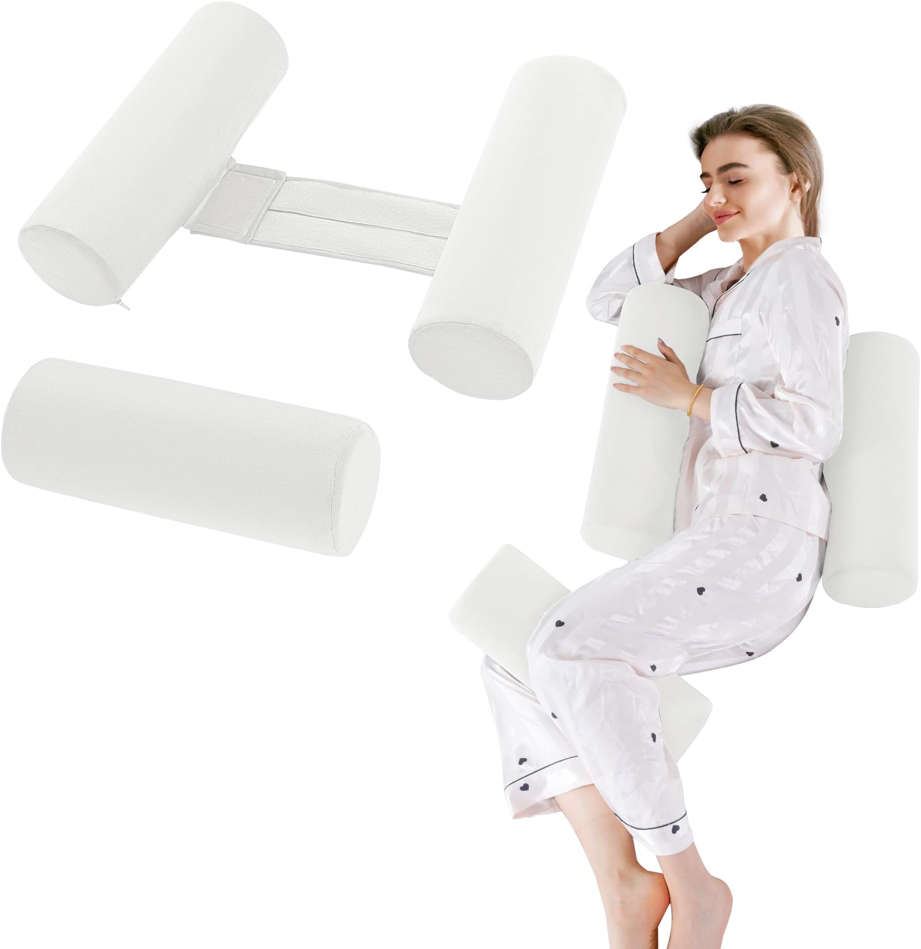 HOMBYS Body Positional Pillow with Knee Pillow Set for Side Sleeper, Memory Foam Supportive Trainer for Sleeping on Side, Roll Cylinder Pillow for Better Sleep Breathing, White