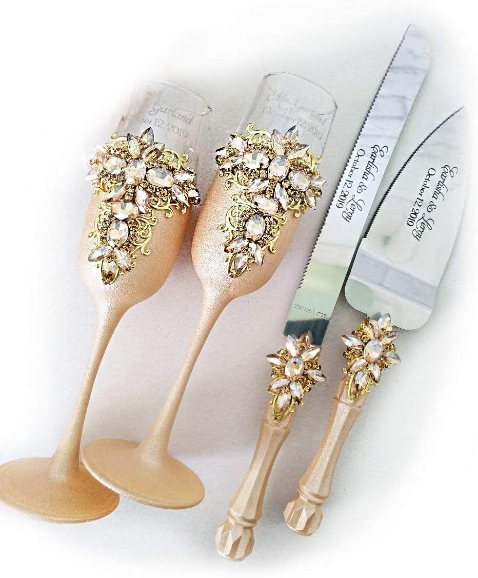 Gold Wedding Flutes and Cake Server Sets - Wedding Cake Cutting Set - Wedding Decor - Wedding Glasses - Wedding Champagne Flutes - Toasting Flute