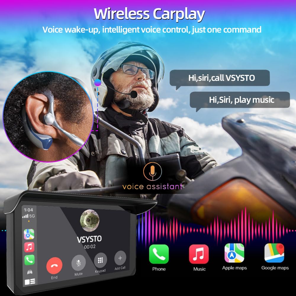 VSYSTO Schermo Carplay per moto, Carplay wireless e Android Auto, touchscreen da 5 pollici, display con indicazione della temperatura e della tensione della batteria,navigazione GPS, assistente vocale